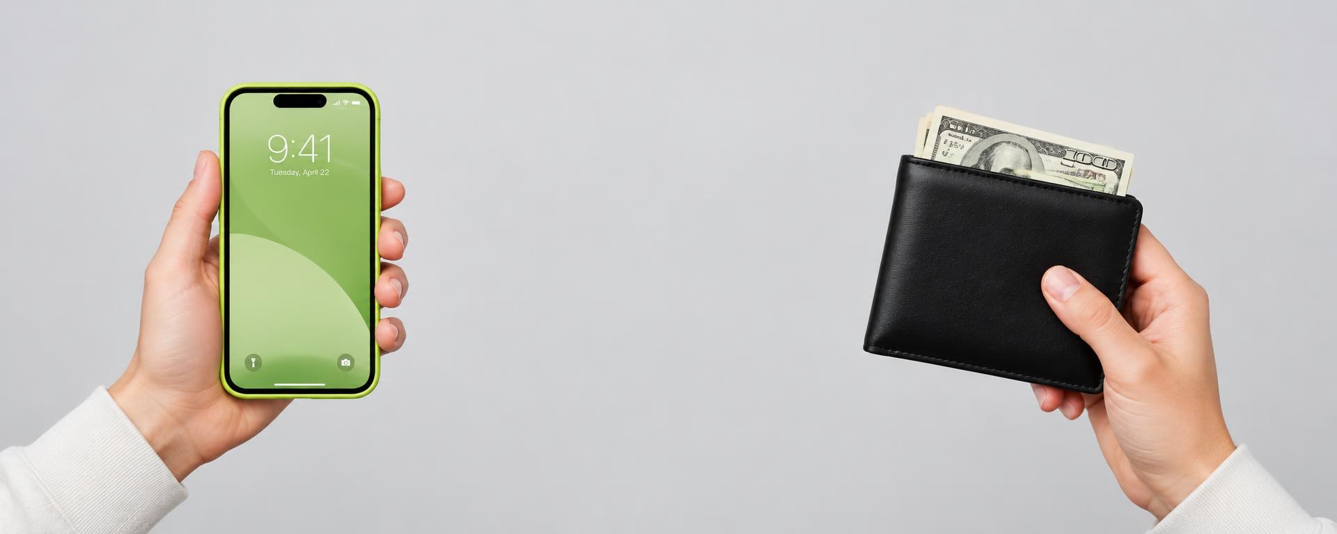 Hand holding a phone and hand holding a wallet with cash